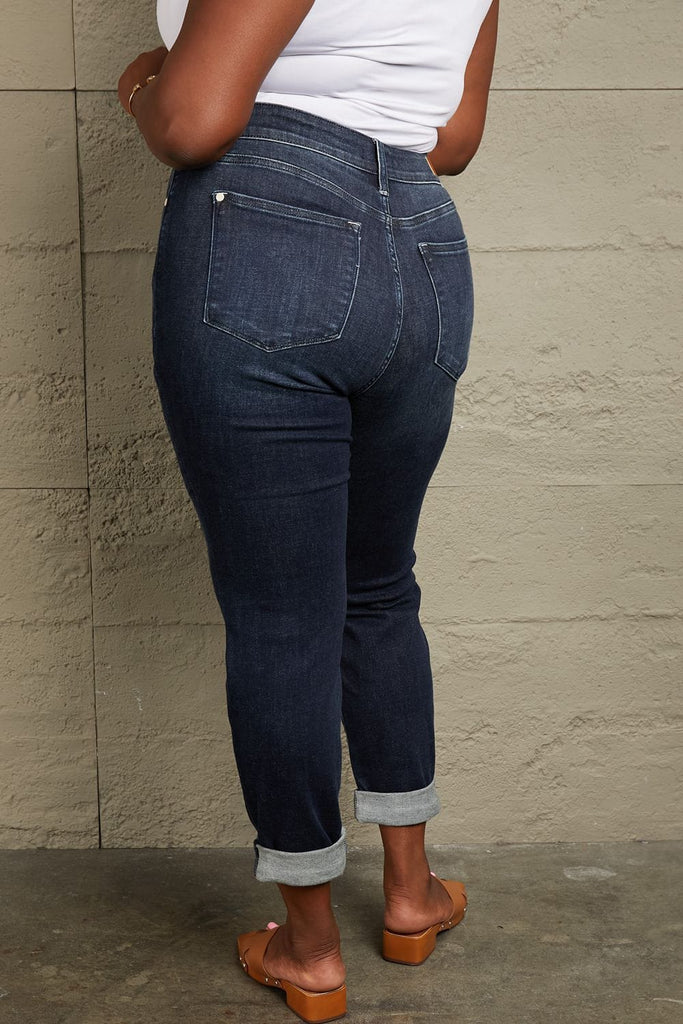 Judy Blue Full Size Mid Rise Distressed Cuffed Boyfriend Jeans-Stay Foxy Boutique, Florissant, Missouri