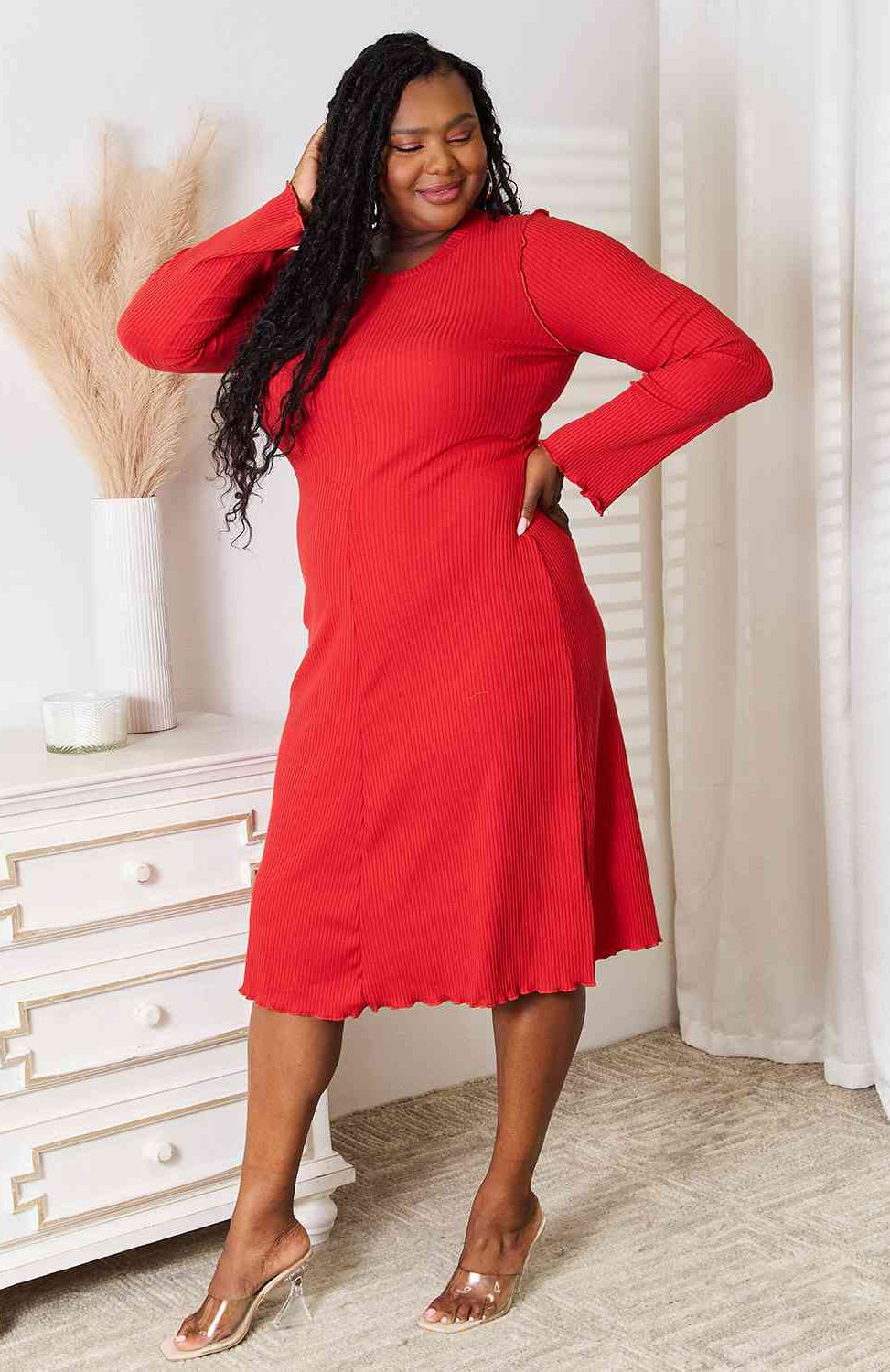 Culture Code Full Size Round Neck Long Sleeve Dress-Stay Foxy Boutique, Florissant, Missouri