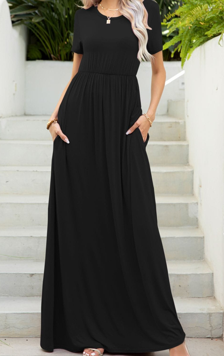Round Neck Maxi Tee Dress with Pockets-Stay Foxy Boutique, Florissant, Missouri