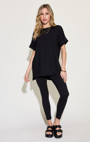 Zenana Full Size Short Sleeve Slit T-Shirt and Leggings Lounge Set-Stay Foxy Boutique, Florissant, Missouri