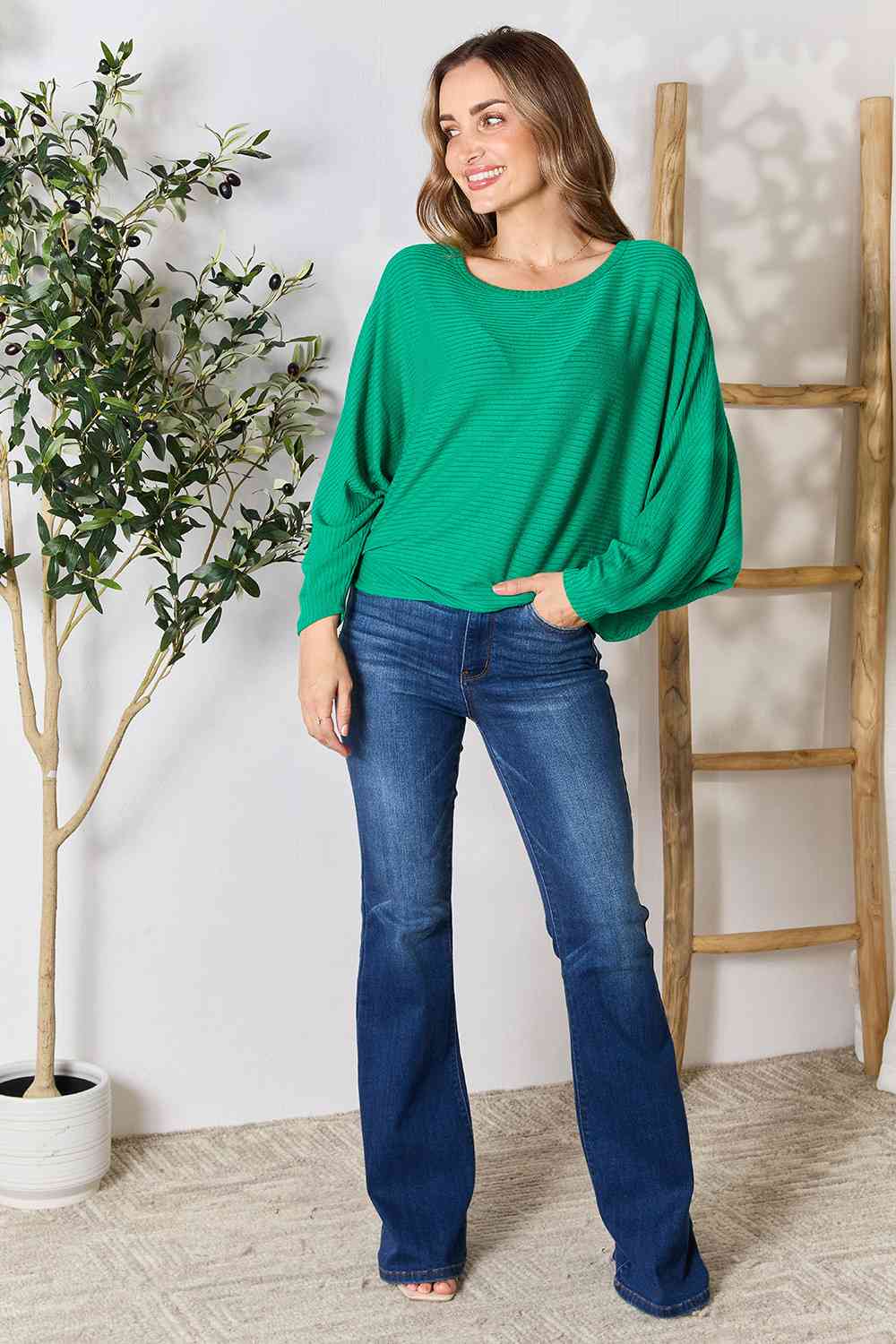 Zenana Full Size Round Neck Batwing Sleeve Blouse-Stay Foxy Boutique, Florissant, Missouri