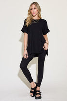 Zenana Full Size Short Sleeve Slit T-Shirt and Leggings Lounge Set-Stay Foxy Boutique, Florissant, Missouri