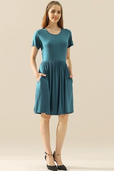Ninexis Full Size Round Neck Ruched Dress with Pockets-Stay Foxy Boutique, Florissant, Missouri