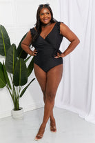 Marina West Swim Full Size Float On Ruffle Faux Wrap One-Piece in Black-Stay Foxy Boutique, Florissant, Missouri