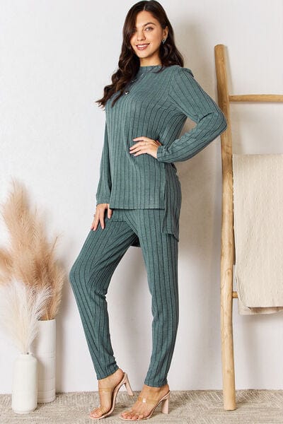 Basic Bae Full Size Ribbed Round Neck High-Low Slit Top and Pants Set-Stay Foxy Boutique, Florissant, Missouri