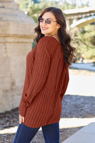 Basic Bae Full Size Ribbed Round Neck Long Sleeve Knit Top-Stay Foxy Boutique, Florissant, Missouri