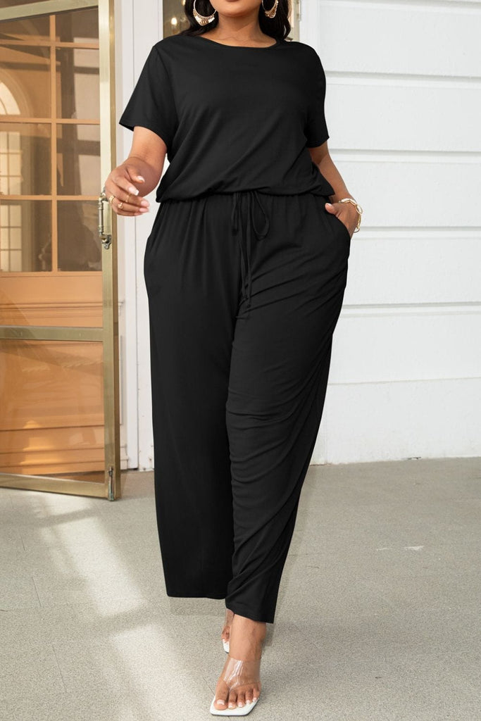 Plus Size Drawstring Waist Short Sleeve Jumpsuit-Stay Foxy Boutique, Florissant, Missouri