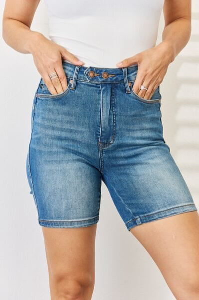 Judy Blue Full Size Tummy Control Double Button Bermuda Denim Shorts-Stay Foxy Boutique, Florissant, Missouri