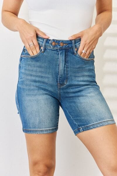Judy Blue Full Size Tummy Control Double Button Bermuda Denim Shorts-Stay Foxy Boutique, Florissant, Missouri