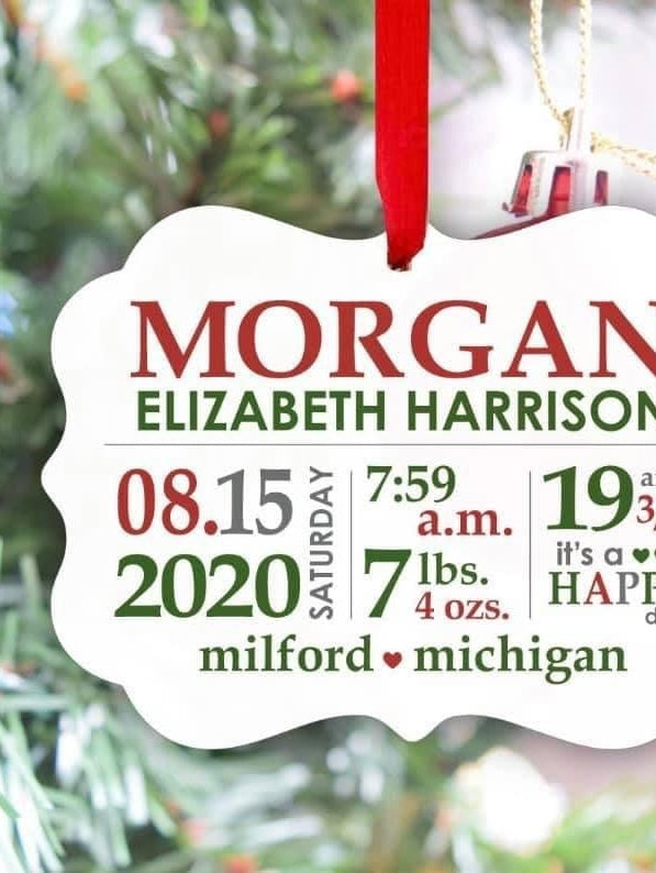 Birth Announcement Red and Green Ornament-Stay Foxy Boutique, Florissant, Missouri