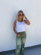 PREORDER: Blakeley Distressed Jeans In Olive and Camel-Womens-Stay Foxy Boutique, Florissant, Missouri