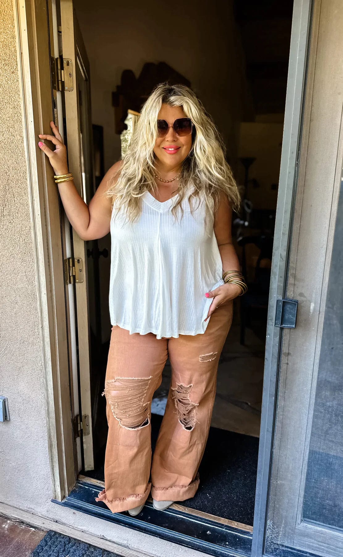 PREORDER: Blakeley Distressed Jeans In Olive and Camel-Womens-Stay Foxy Boutique, Florissant, Missouri