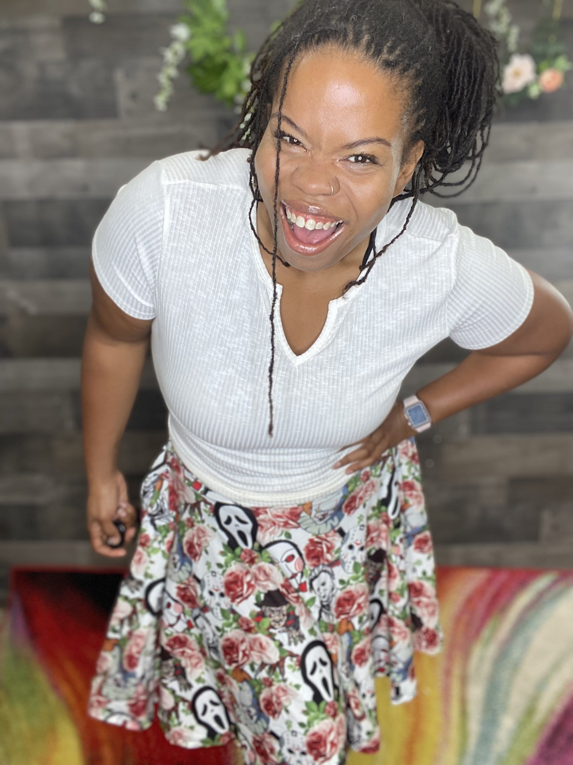 Zoe Swing Skirt: Floral Horror-Rebellious Rose Specialty Shoppe-Stay Foxy Boutique, Florissant, Missouri