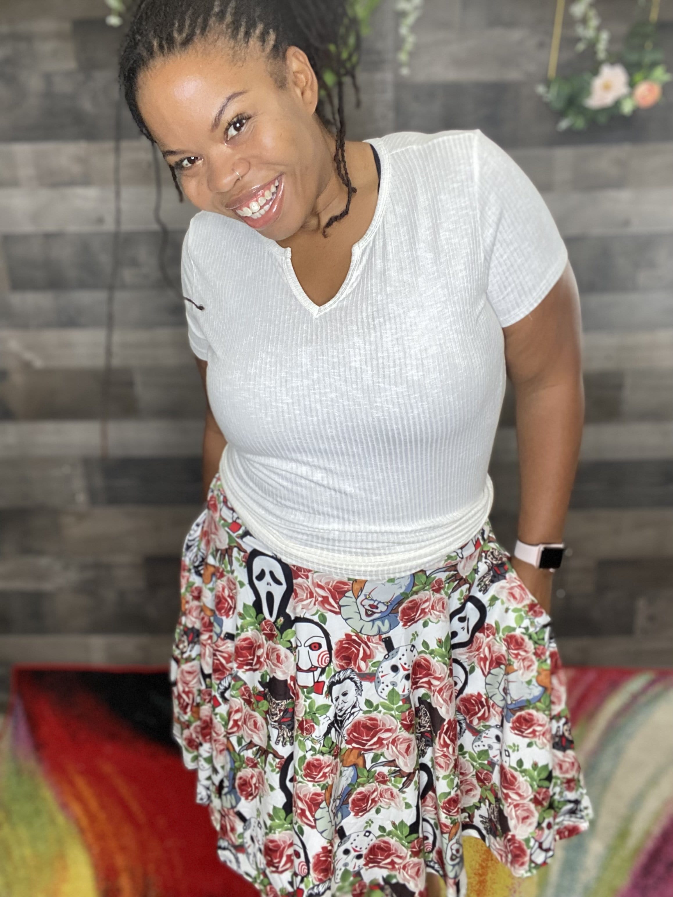 Zoe Swing Skirt: Floral Horror-Rebellious Rose Specialty Shoppe-Stay Foxy Boutique, Florissant, Missouri